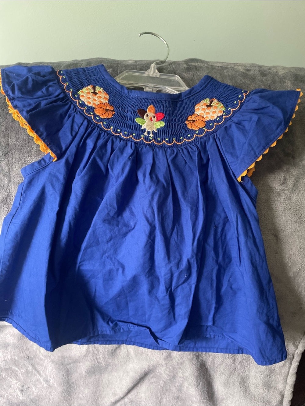 Boutique Royal Blue Girls' Smocked Turkey Yoke Top with Orange Trim sz 3/6mths